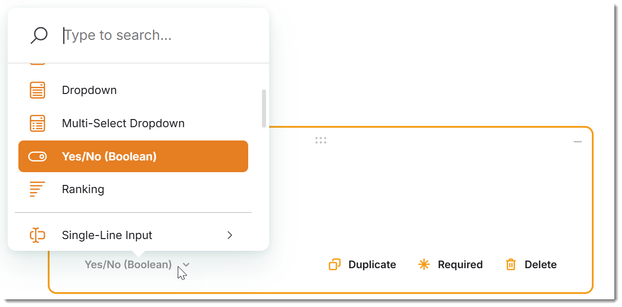 Shows how to change the question type in SmartForms V2 after you've added to a form by clicking at the bottom left on the drop-down menu that shows you all the different question types you can choose.  Selecting one will update your current question to be that question type. 